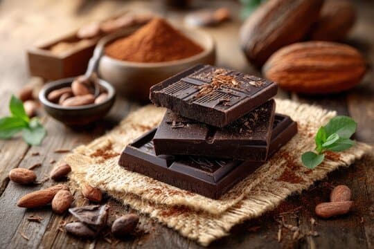 Raw cacao beans and artisanal chocolate bars